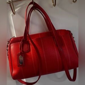 Coach Legacy Red Orange Striped Satchel with Detachable Strap
